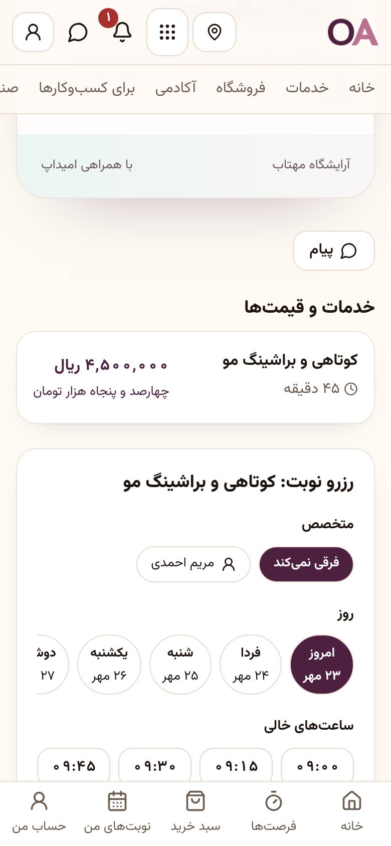 نوبت گرفتن: صفحهٔ کسبوکار و خدمتها