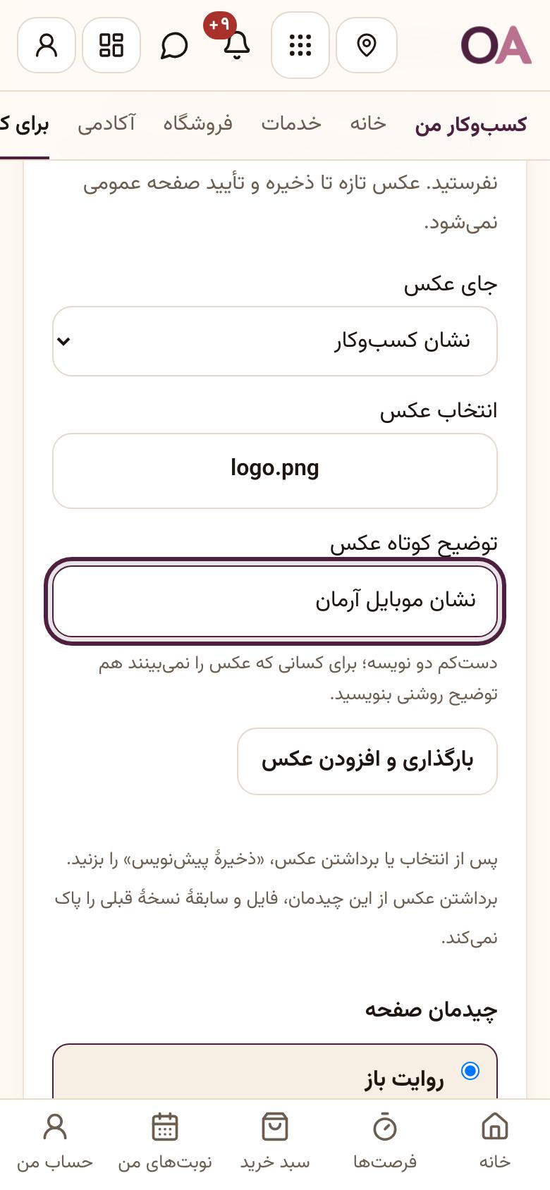 صفحهٔ کسب‌وکار (سایت): ظاهر: عکس، چیدمان و رنگ